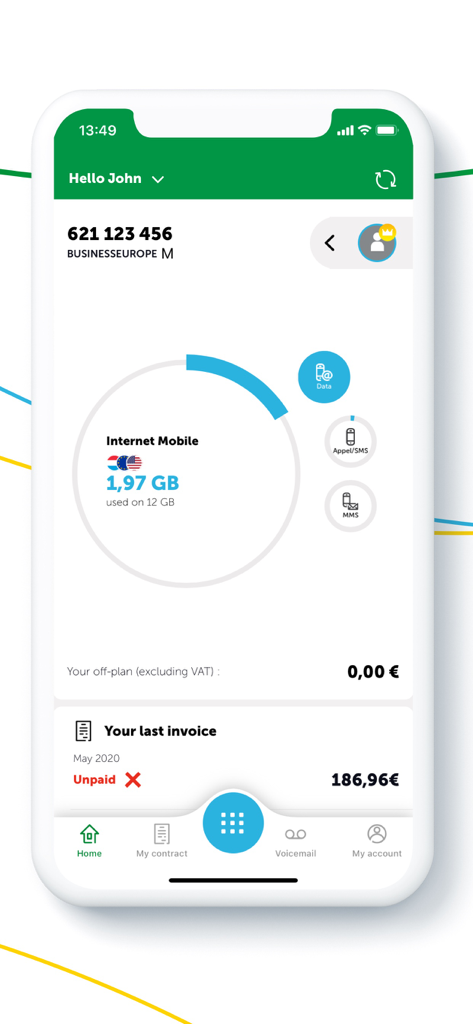 MyPost Telecom Mobile - Dashboard dell'app MyPost Telecom Mobile che mostra il tracker di utilizzo dei dati internet e lo stato delle fatture non pagate.