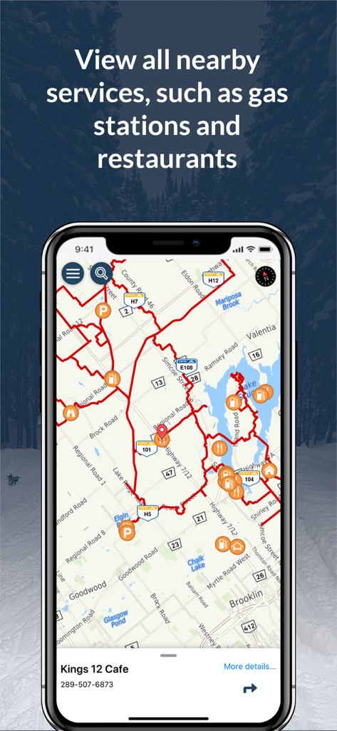Ride PA - A smartphone screen displaying the Ride PA app map with snowmobile trails and icons for nearby services like gas stations and restaurants.
