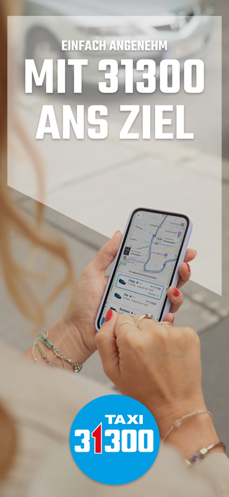 Taxi 31300: Dein Taxi Wien - A person holding a smartphone displaying the Taxi 31300 app with ride options and pricing in Vienna