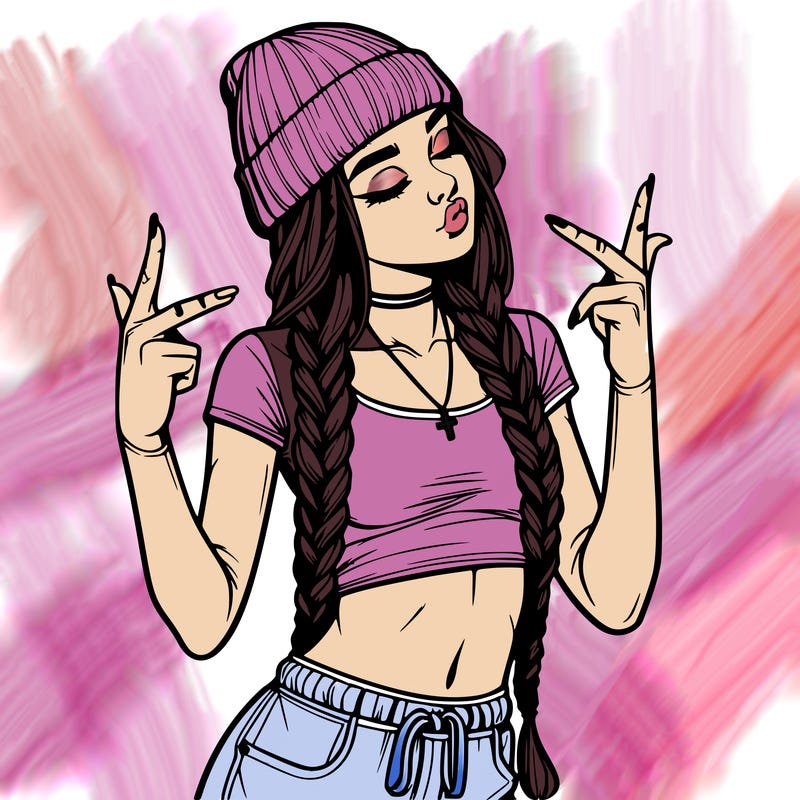 realistic teenage girl with braids and a beanie and crop top doing 🫶🏼