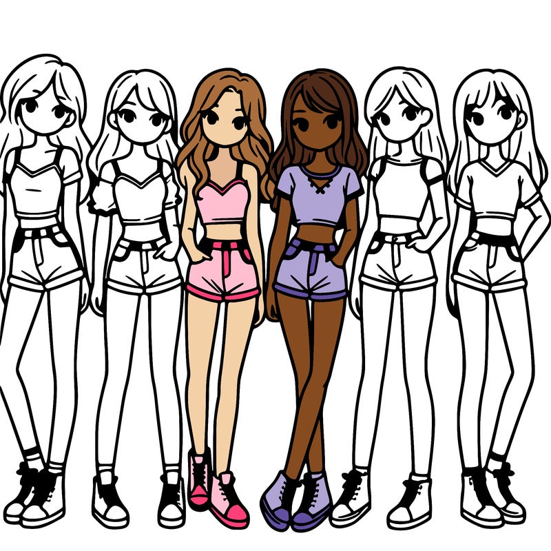 a group of girls wearing crop tops and shorts