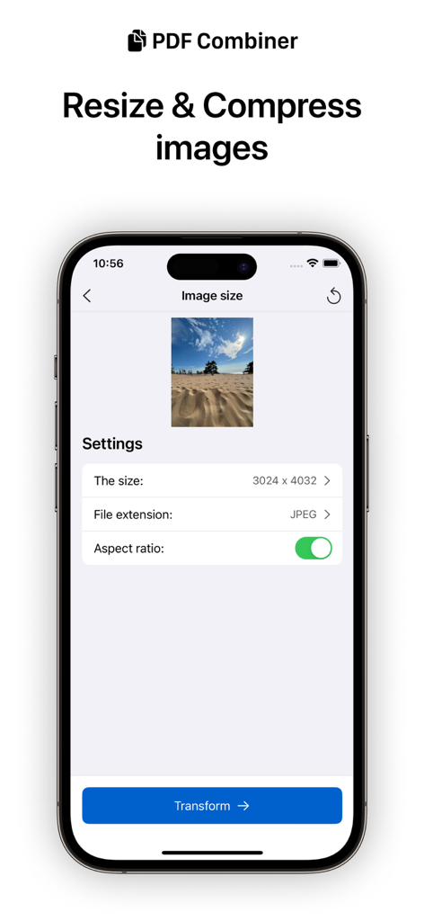 PDF Merger | Merge & Split It - Pantalla de iPhone que muestra la herramienta de redimensionamiento y compresión de imágenes dentro de la aplicación Fusionador de PDF.
