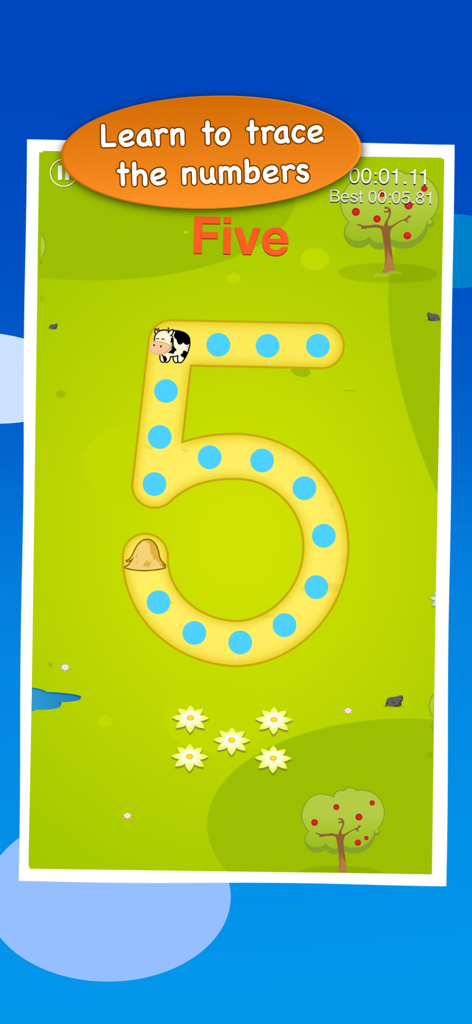 Roads Kids - Pantalla de aplicación educativa para trazar el número cinco con un personaje de vaca y un fondo de naturaleza verde.