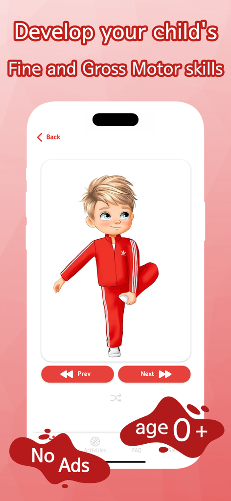 Un personnage enfant dans un survêtement rouge effectuant un exercice d'équilibre sur un écran d'application mobile pour développer la motricité globale.