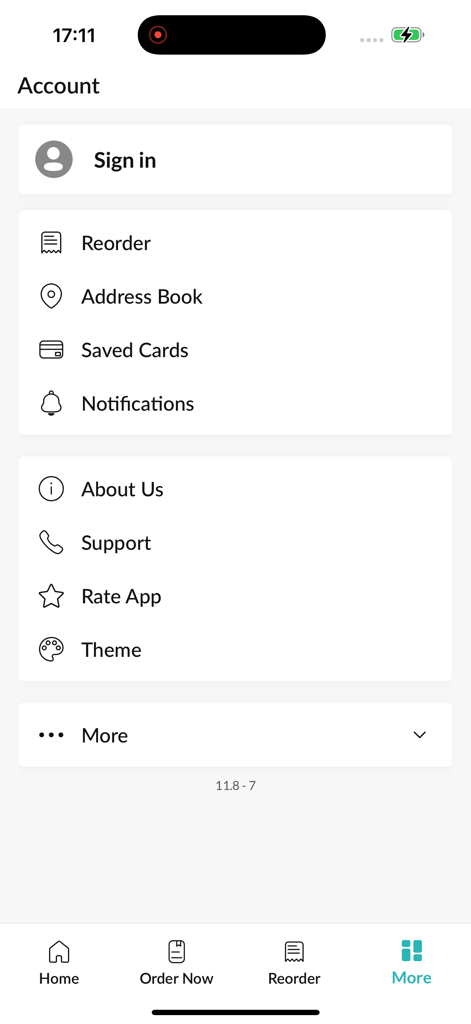 Big Bite. - Big Bite app account settings screen showing options for sign in reorder address book and support