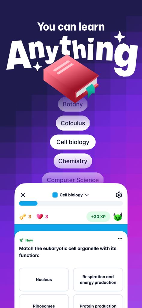 Captura de pantalla de la aplicación Gizmo que muestra materias académicas como Botánica y Cálculo con un cuestionario gamificado de biología celular