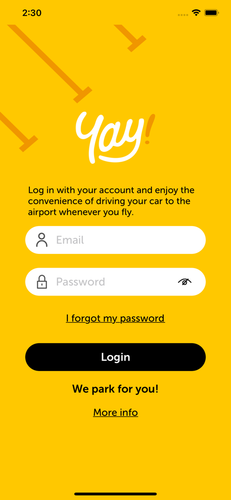 Pantalla de inicio de sesión de la app de servicio de aparcacoches del aeropuerto ¡Yay! con campos de entrada de correo electrónico y contraseña