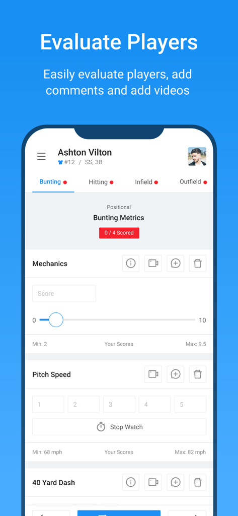 SkillShark Athlete Evaluations - SkillShark app screen showing evaluation metrics for player mechanics and pitch speed