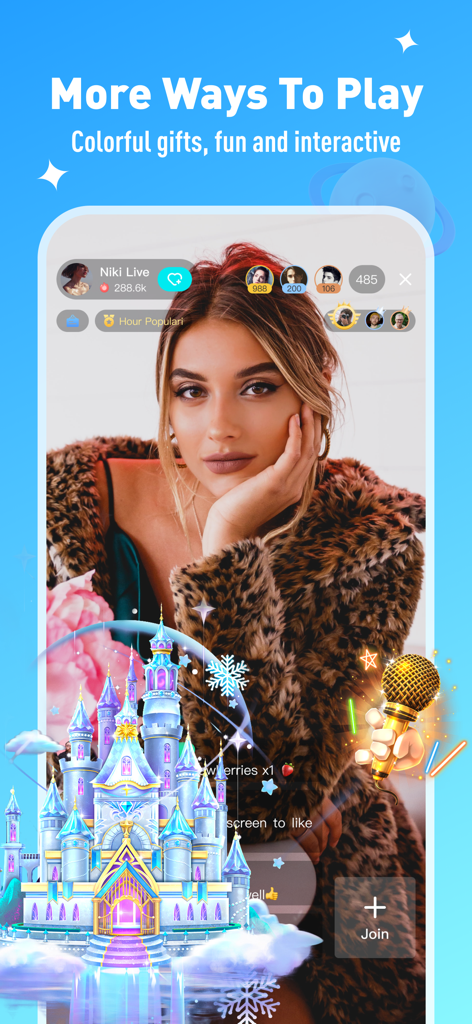 Uma interface de streaming ao vivo no Niki Live mostrando uma anfitriã com presentes virtuais coloridos como um castelo e um microfone dourado.