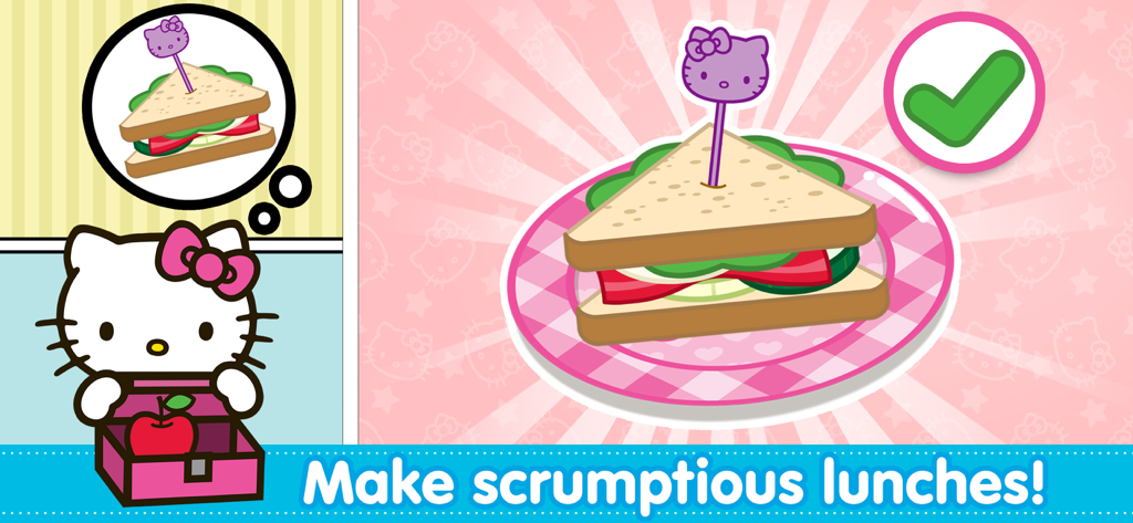 Hello Kitty standing next to a completed sandwich recipe with a green checkmark