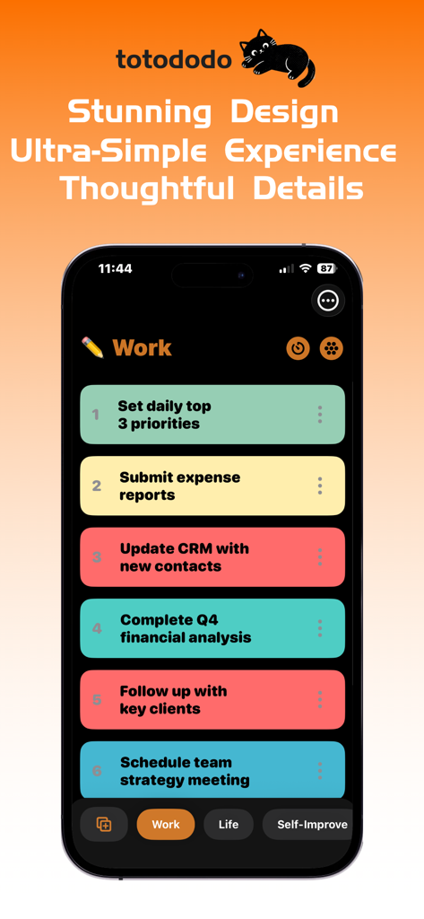 totododo - Interface of totododo app showing a colorful minimalist to-do list for work tasks.