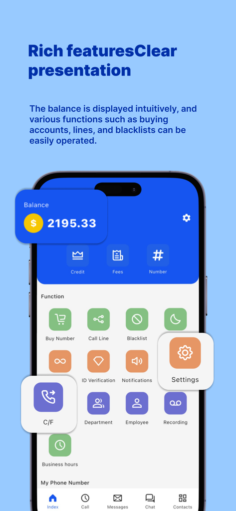 IntBell: Phone Calls + Texts - Dashboard dell'app IntBell che mostra il saldo dell'utente e funzionalità di comunicazione aziendale come la gestione della linea di chiamata e le impostazioni.