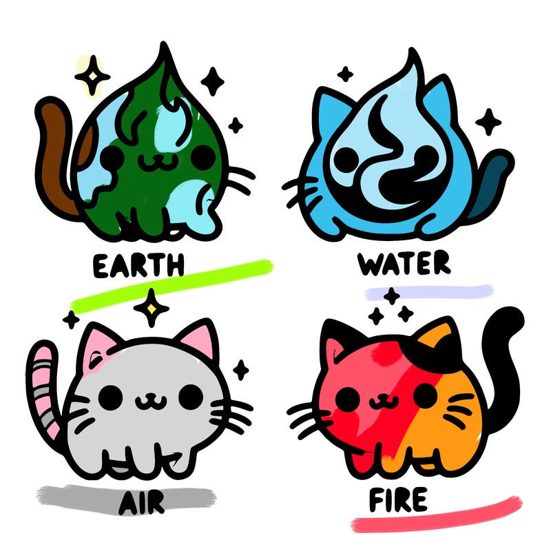 4 cats that represent the different elements, earth, water, air, and fire