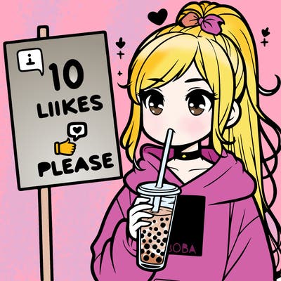 girl with a high ponytail and a hoodie drinking boba staring at a sign saying 10 likes please