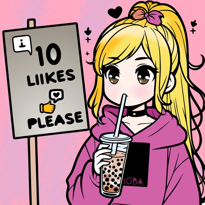 girl with a high ponytail and a hoodie drinking boba staring at a sign saying 10 likes please
