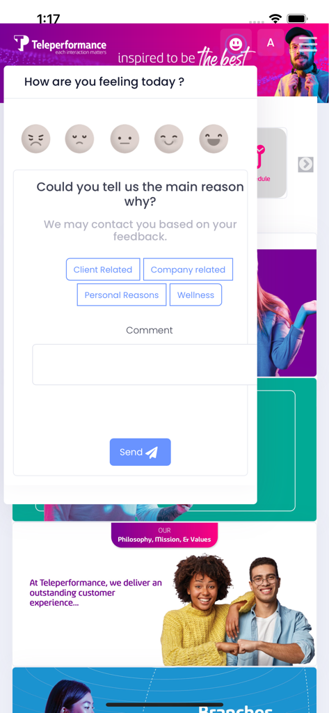 TP Society - TP Society app interface showing an employee mood survey and feedback form with emoji ratings