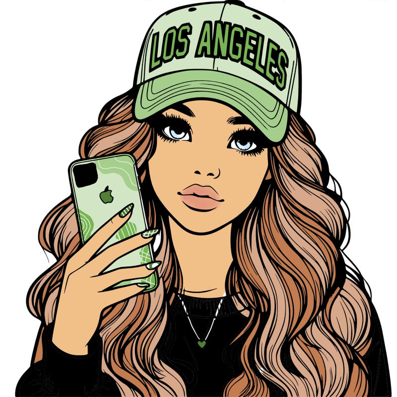 realistic beautiful girl wearing los ángeles cap holding an iphone
