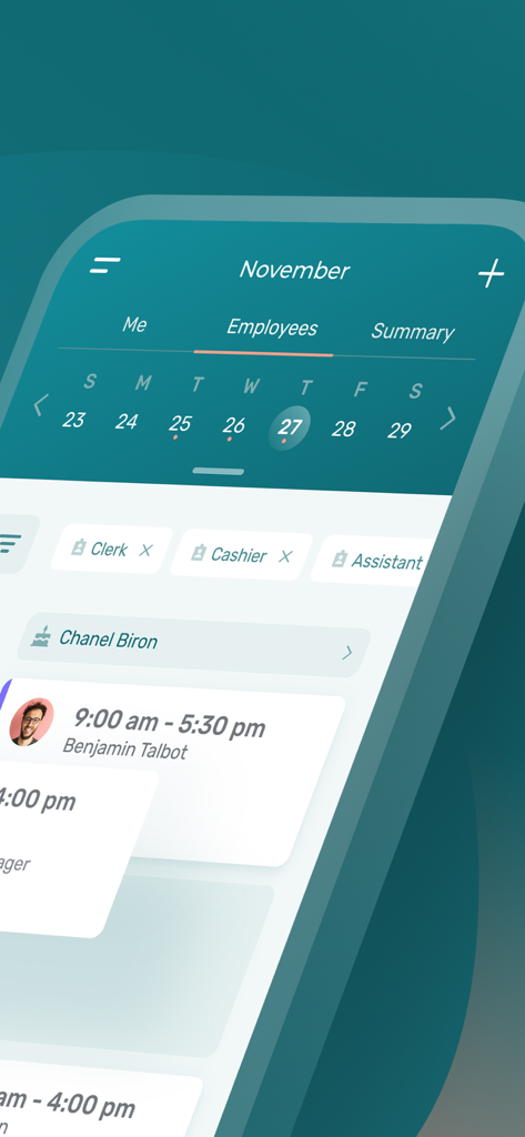 Agendrix – Employee Scheduling - Agendrix mobile app interface displaying employee work schedules for November with shift times and roles like clerk and cashier.