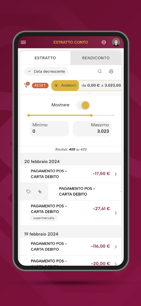 MB+ - Interface of the MB+ Banca Passadore app showing the account statement screen with filtered transaction history and a spending range slider.