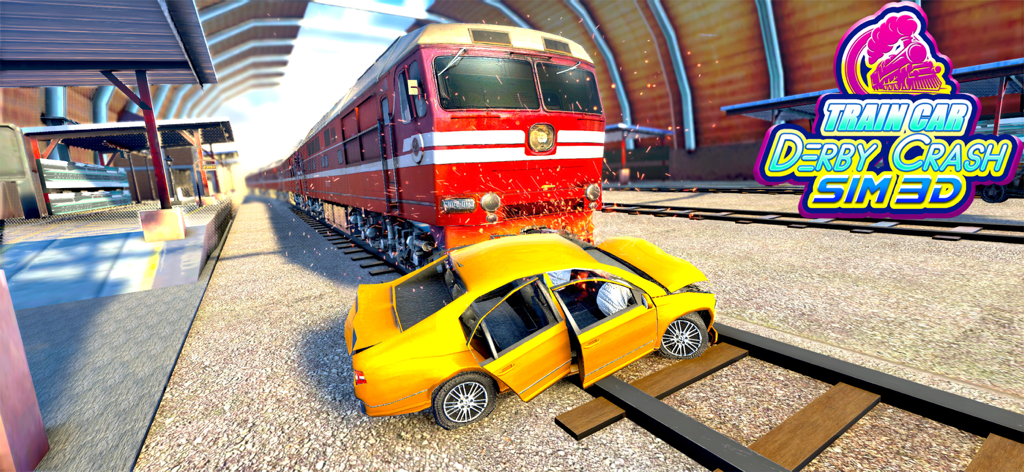 Train Car Derby Crash Sim 3D - A yellow car being smashed by a red locomotive on a railway track in a 3D destruction simulator