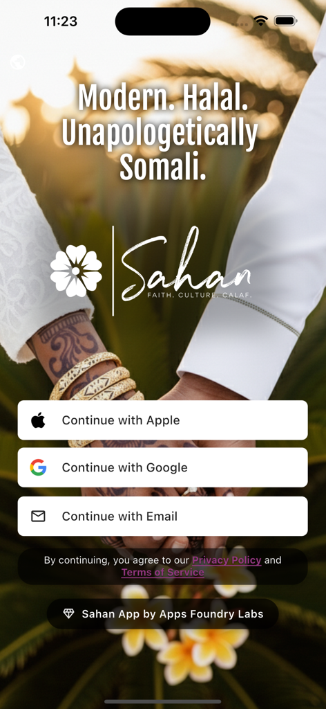 Sahan - Somali Marriage - Sahan Somali Marriage app login screen showing a couple holding hands with options to sign in with Apple Google or Email