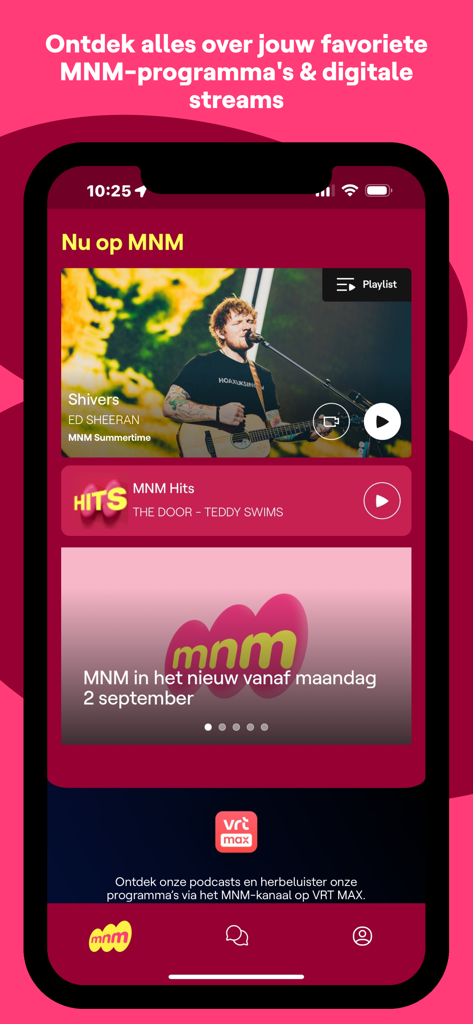 MNM - Interface of the MNM radio app showing the currently playing song Shivers by Ed Sheeran and other digital stream options