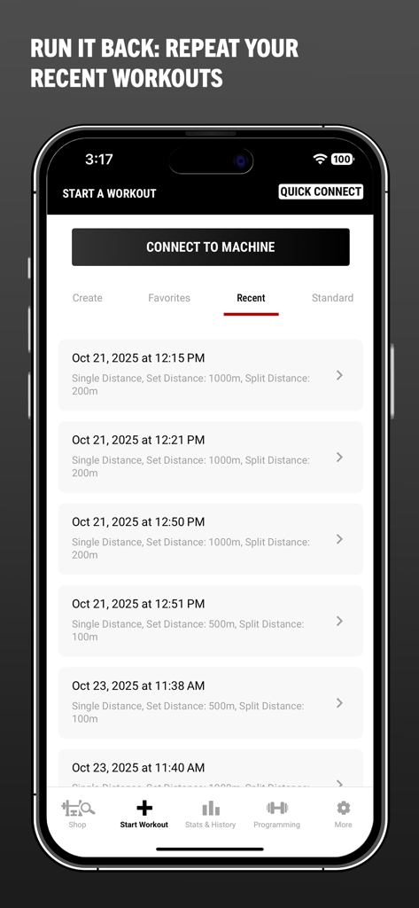 Rogue App - Interface de l'App Rogue montrant l'écran des entraînements récents avec une liste de sessions précédentes et un bouton de connexion à la machine
