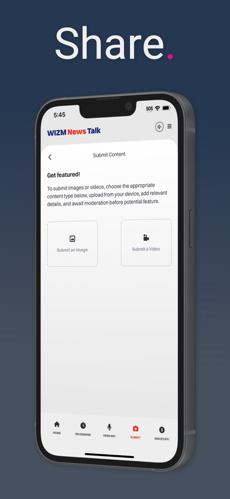 A tela Enviar Conteúdo do aplicativo WIZM News permitindo que os usuários enviem imagens e vídeos para recursos de notícias locais.