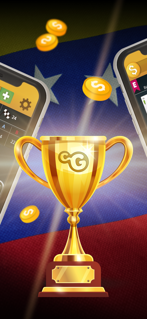 Truco Venezolano - A golden victory trophy in front of a Venezuelan flag background with falling gold coins and smartphone game interfaces.