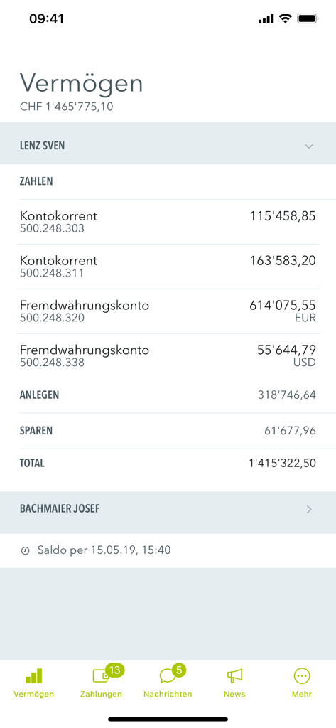 ABSモバイルバンキングアプリのアセット概要画面、口座残高と総資産を表示