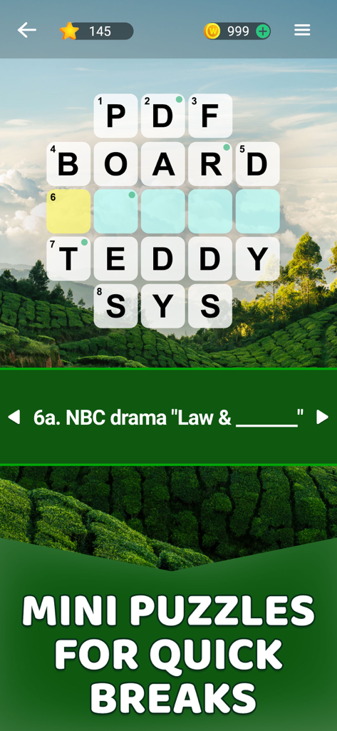 Crossword Explorer - A mini crossword puzzle grid displayed over a scenic landscape background with the text Mini puzzles for quick breaks.