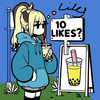 girl with oversized hoodie drinking boba and she has a high ponytail with a sign that says 10likes?