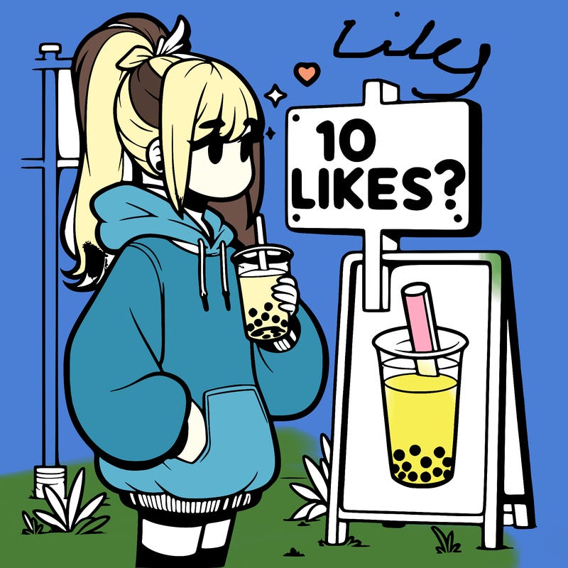 girl with oversized hoodie drinking boba and she has a high ponytail with a sign that says 10likes?