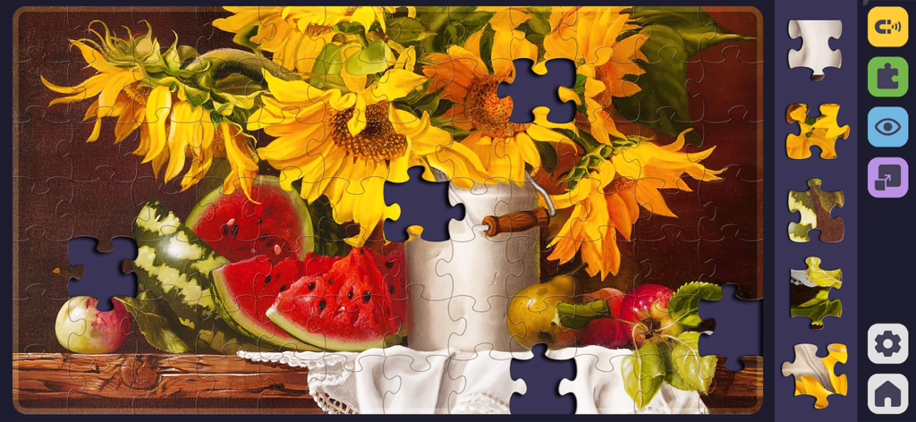 Relax Jigsaw Puzzle for Adults - Um quebra-cabeça digital de girassóis e melancias em andamento em um dispositivo móvel.