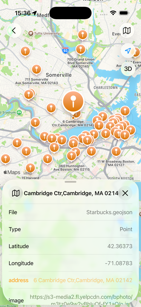 Geodata Map Viewer - La aplicación Geodata Map Viewer que muestra los detalles de metadatos de un punto GeoJSON en un mapa interactivo
