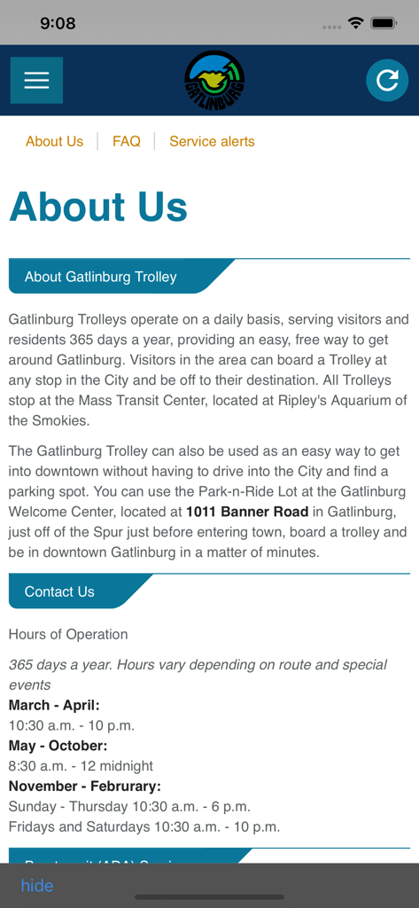 Gatlinburg Trolleys - About Us screen of the Gatlinburg Trolleys app showing service information and seasonal hours of operation.