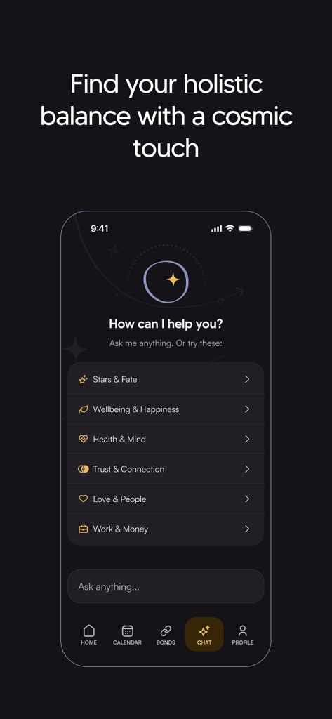 Cosmy: Astrology & Moon Phases - Screenshot of the Cosmy astrology app AI chat interface showing wellness and life guidance categories on a dark cosmic background