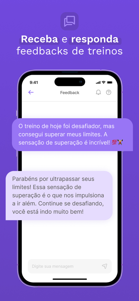 Tecnofit para Personal Trainer - Mobile interface showing a chat between a personal trainer and a student for workout feedback.