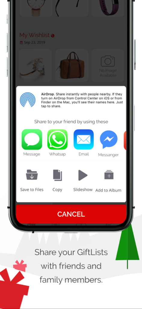 iPhone screen showing the GiftList app sharing menu with options for Message Whatsapp Email and Messenger to share gift lists with friends and family