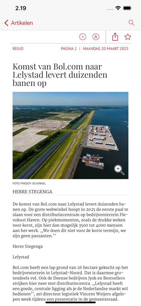 De Stentor - Digitale krant - Um artigo de notícias na aplicação De Stentor sobre a chegada da Bol.com a Lelystad