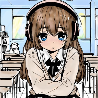 manga lonely girl with headphones in school
