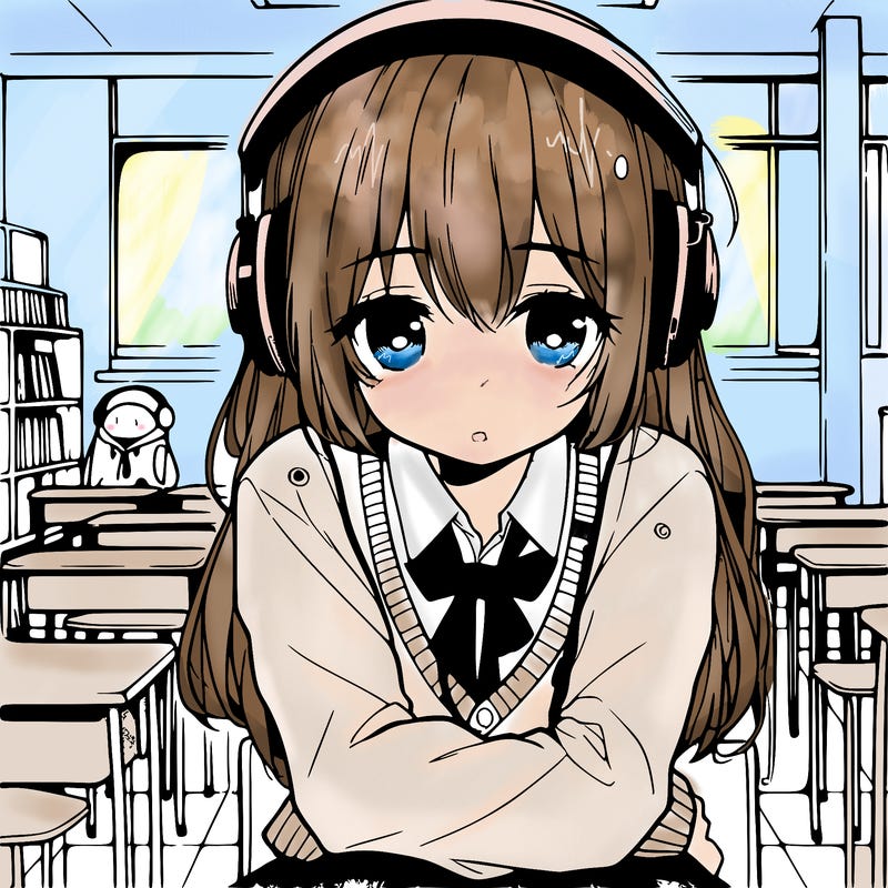 manga lonely girl with headphones in school