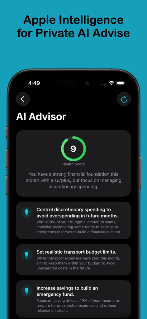 Boop: Budget & Expense Tracker - Boop app AI Advisor screen displaying a financial health score and personalized spending recommendations.