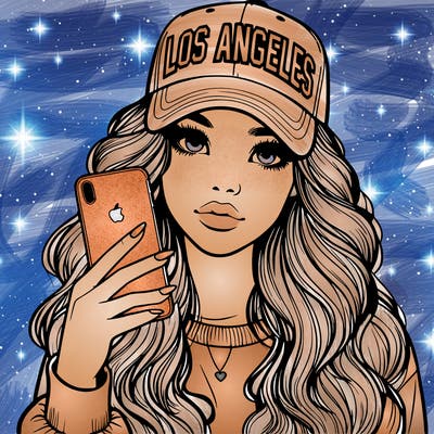 realistic beautiful girl wearing los ángeles cap holding an iphone