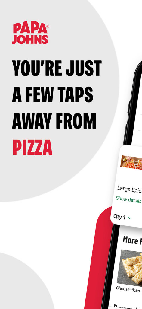 Ein Screenshot der Papa Johns App mit dem Text 'Sie sind nur wenige Klicks von Pizza entfernt' und Bildern von Pizza und Käseknochen.
