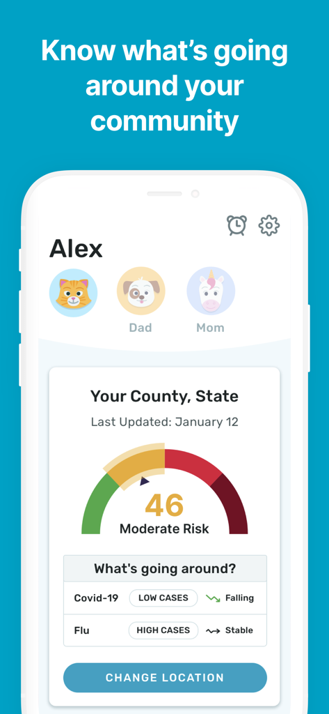 Kinsa app interface showing local community health risk levels for flu and covid
