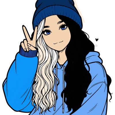 a teenage girl in a beanie, oversized sweatshirt, wavy long hair, and is showing a ✌️
