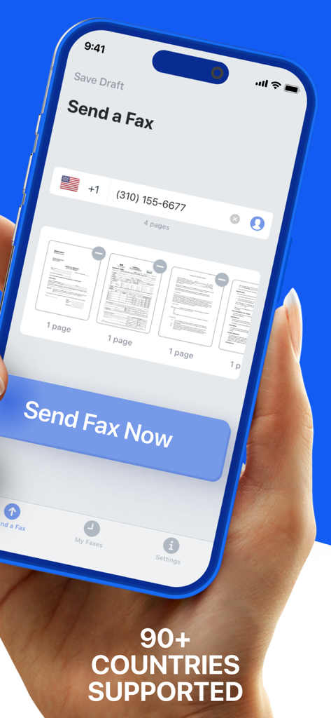 Interfaz de la aplicación Fax It en un iPhone que muestra el proceso de envío de un fax de varias páginas.