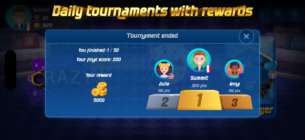 Crazy 8 Online - Daily tournament winners podium and rewards in Crazy 8 Online