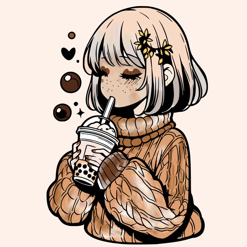 manga girl drinking boba in cozy sweater